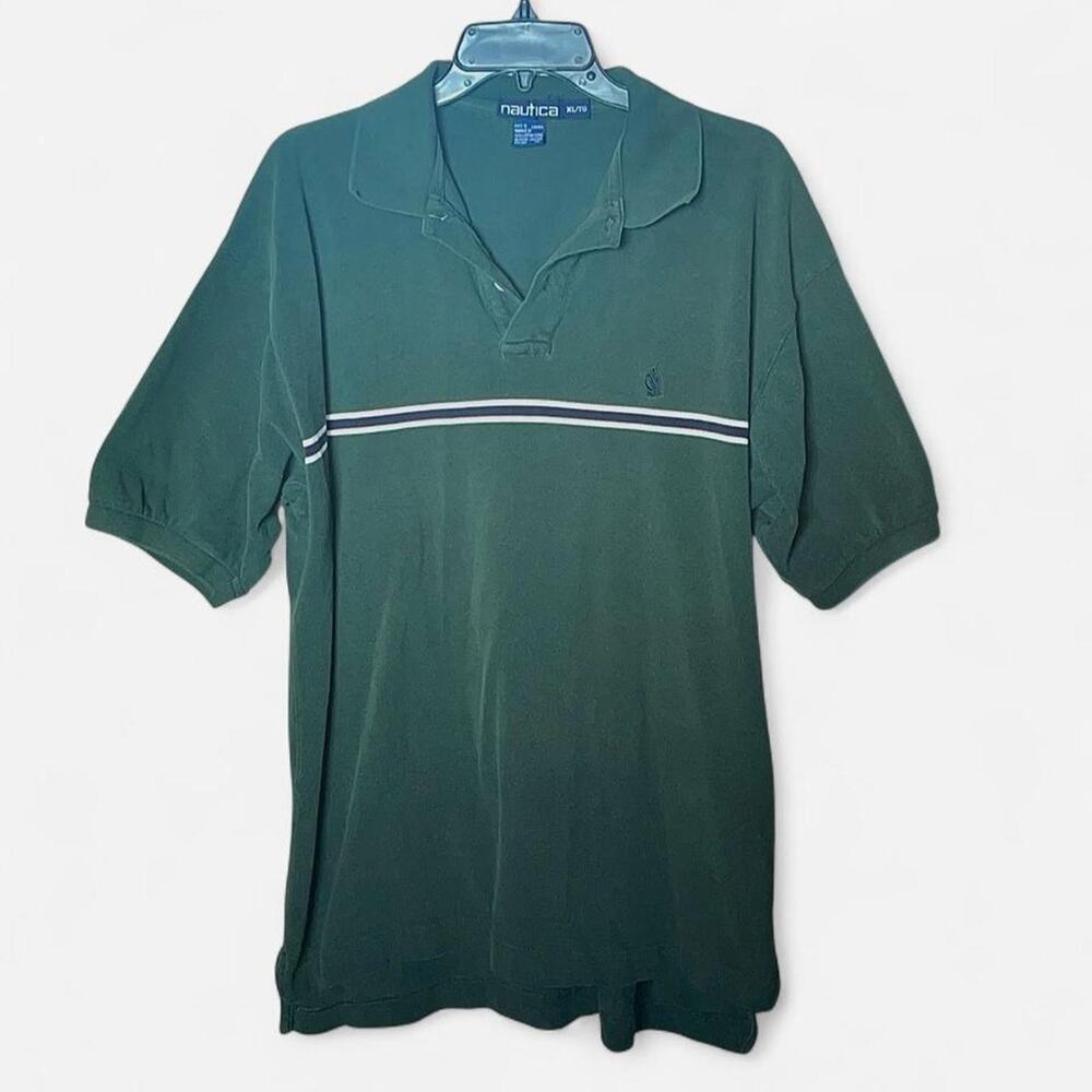 Nautica MENS Forest Green Y2K Stripe Polo Shirt – Size XL